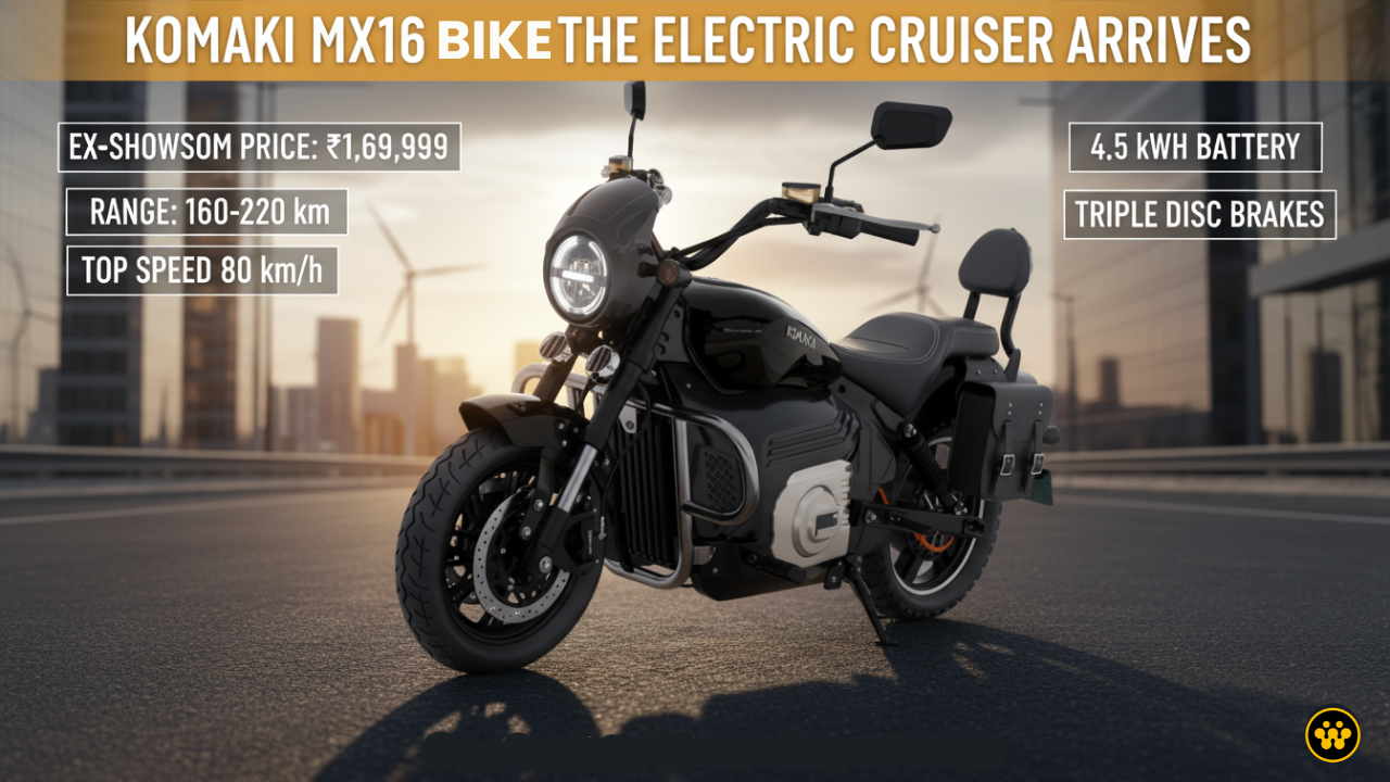 Komaki MX16 Electric Cruiser Launched at ₹1.69 Lakh: Range, Top Speed & Features