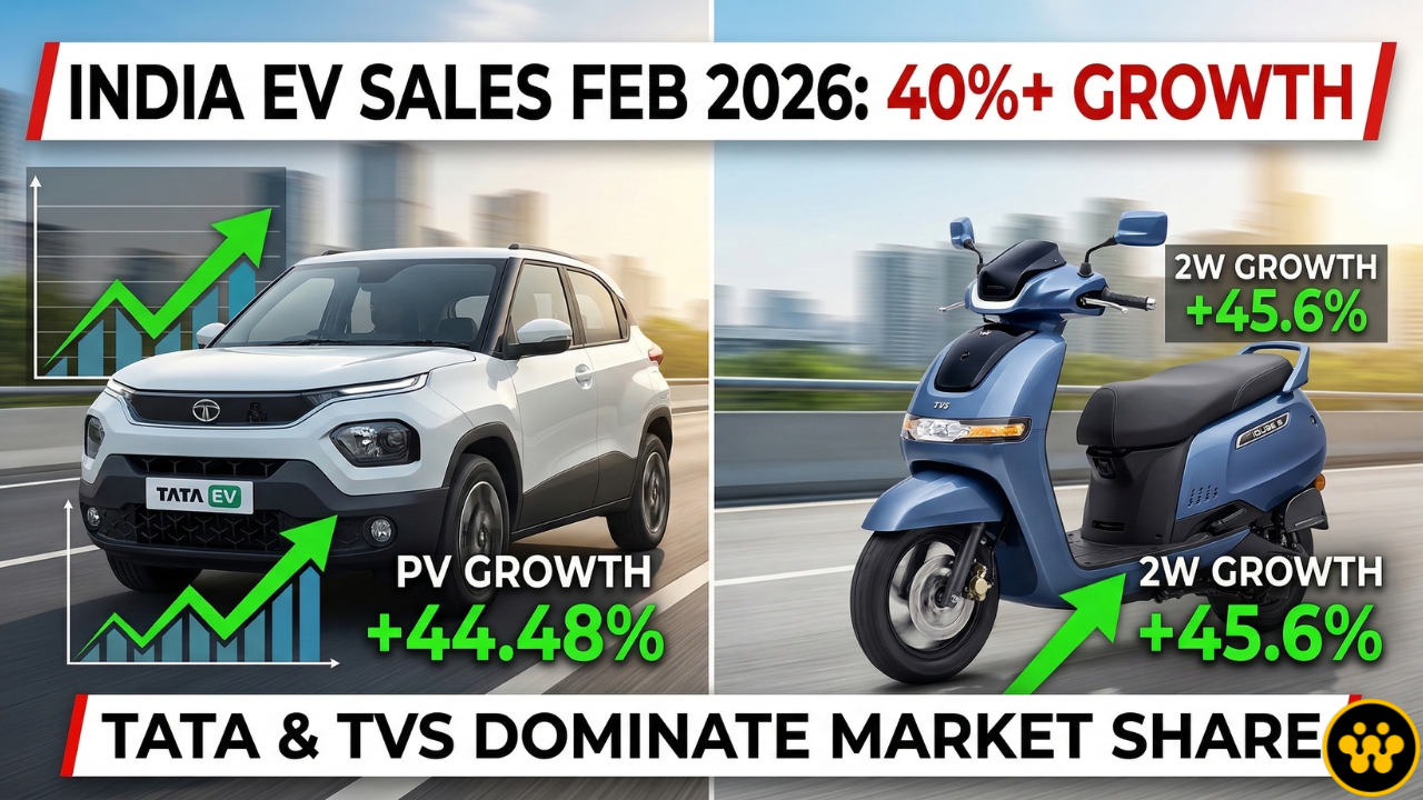 India EV Sales Grow 40% in Feb 2026: Tata Motors and TVS Dominate Passenger & 2W Segments