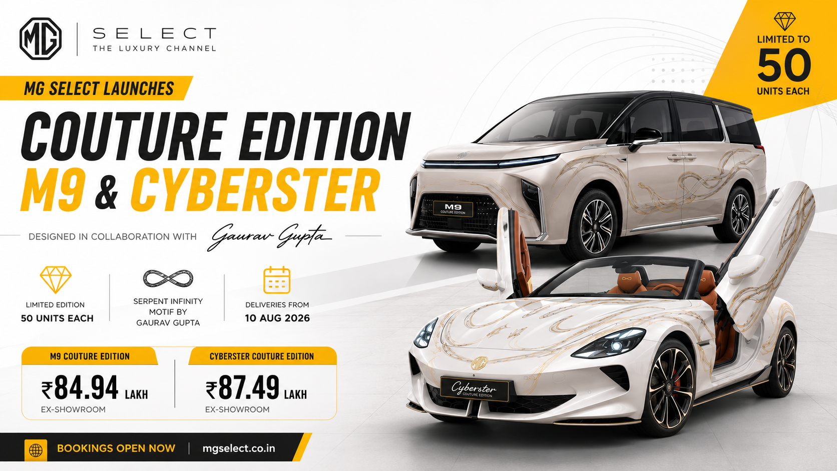 MG SELECT Launches Couture Edition M9 and Cyberster in India
