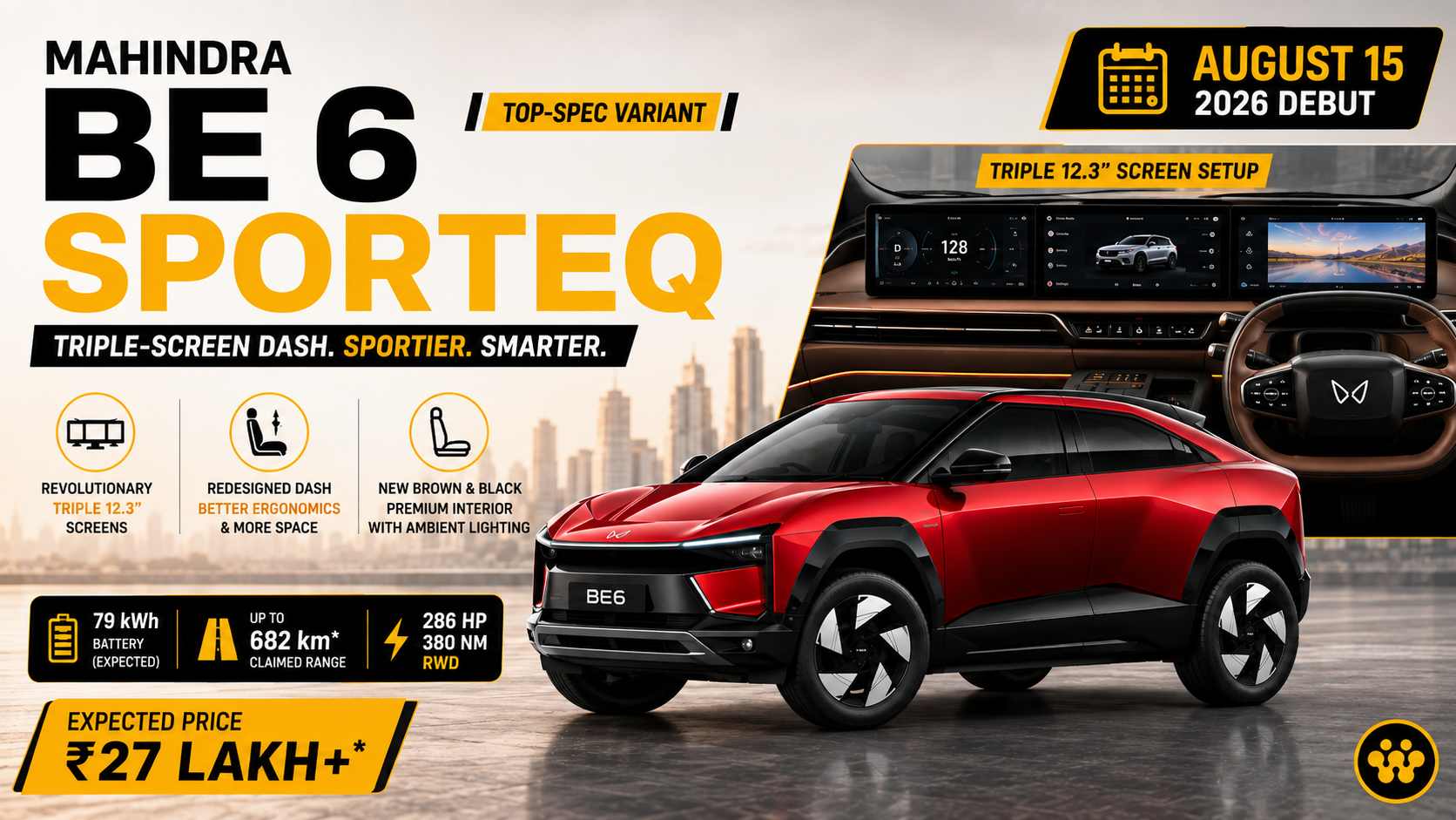 Mahindra BE 6 Sporteq Teased: Triple-Screen Dashboard & August 15 Debut Confirmed
