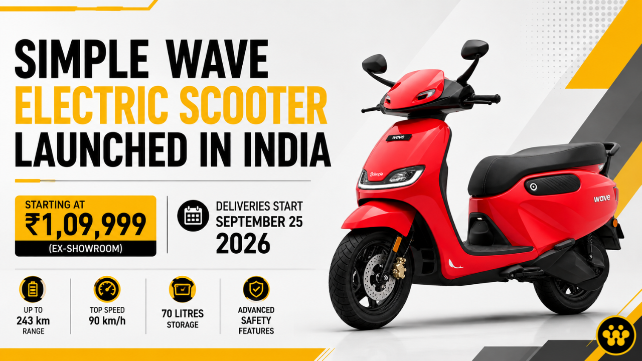 Simple Wave Electric Scooter Launched in India at Rs 1.10 Lakh: Price, Range, Specs, and Features