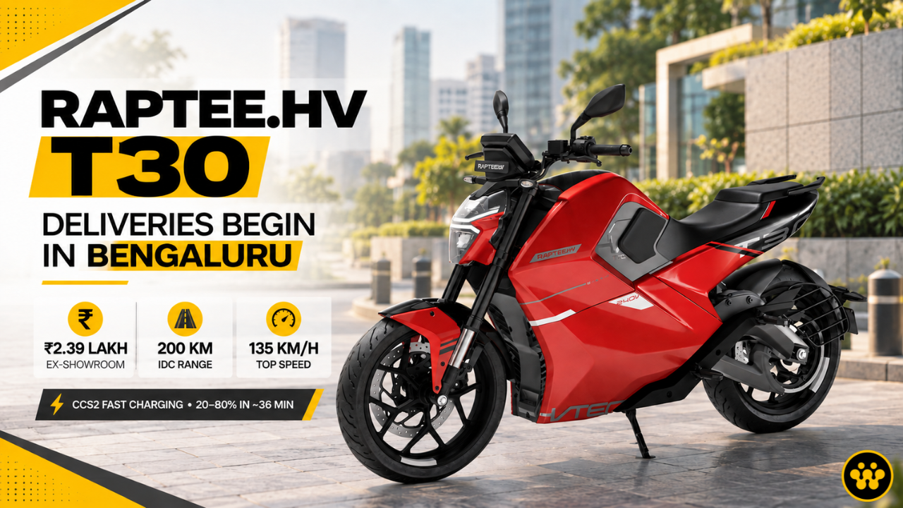 Raptee.HV Begins T30 Electric Motorcycle Deliveries in Bengaluru; Sets Target of 100+ Units by November