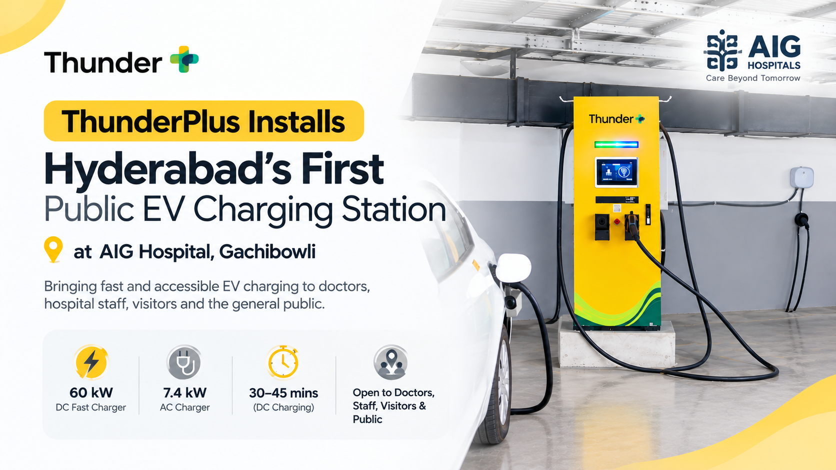 ThunderPlus Revolutionizes Urban Mobility with Hyderabad's First Hospital-Based EV Charging Station at AIG Hospital.